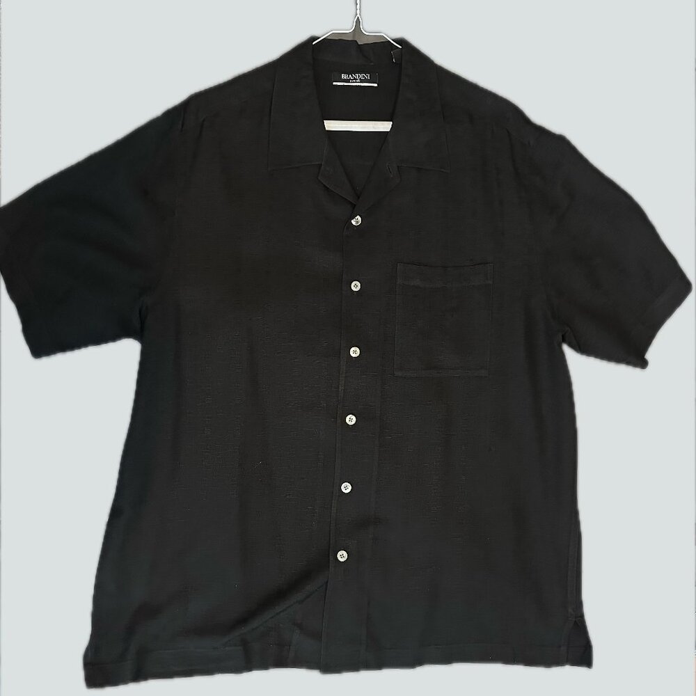 Bandini Men's 100% Silk Black Short Sleeve Button Down Shirt, Size L
